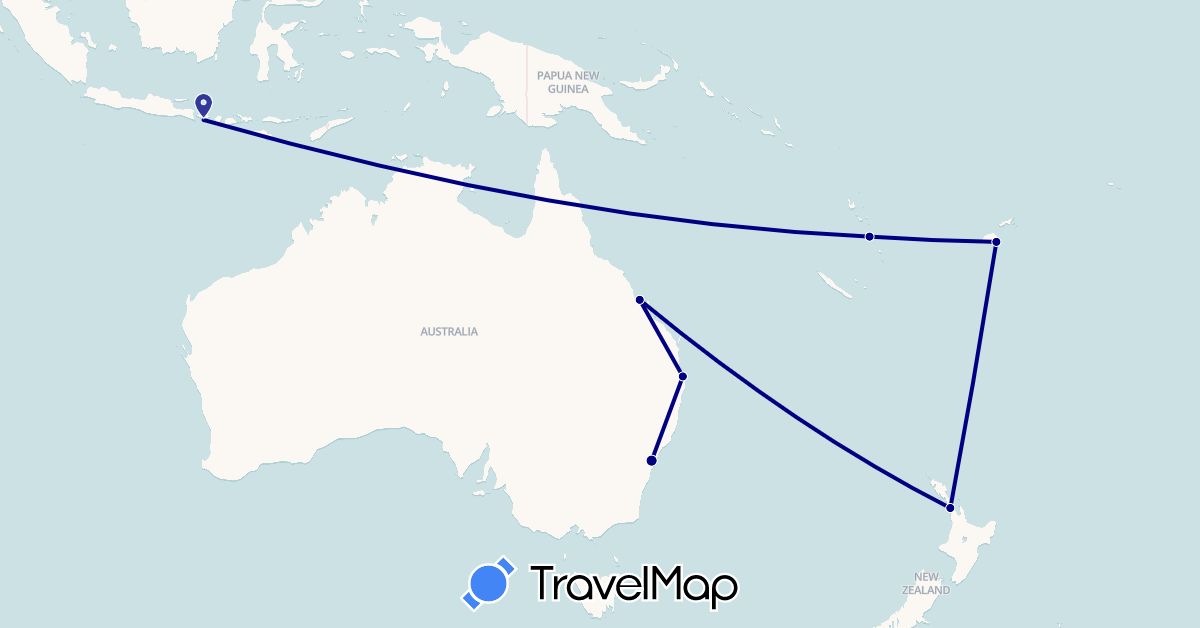 TravelMap itinerary: driving in Australia, Fiji, Indonesia, New Zealand, Vanuatu (Asia, Oceania)
